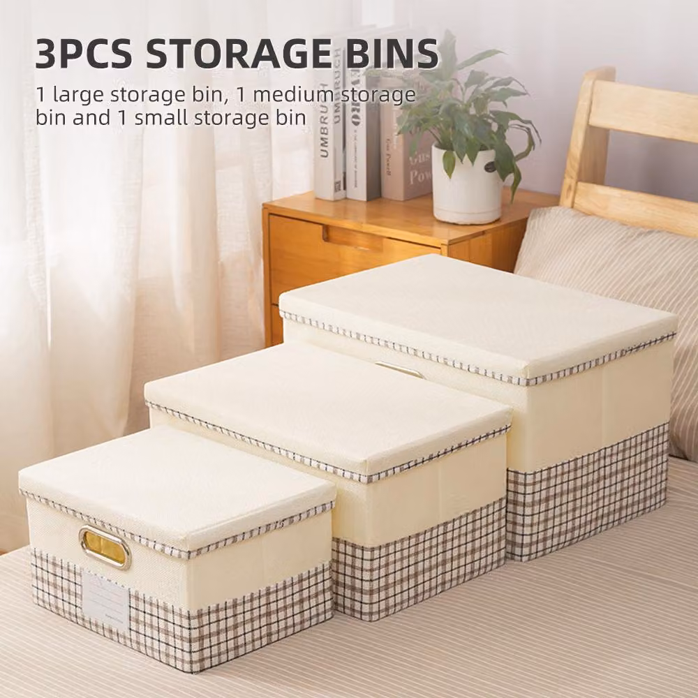 3 contenitori con coperchio, scatole pieghevoli in cotone e lino, organizer pieghevole per armadio, copertura per casa, camera da letto, B
