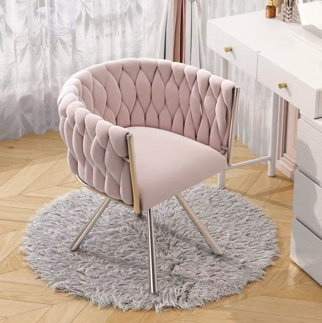 Sedia da trucco in velluto rosa con base girevole a 360° e struttura in metallo