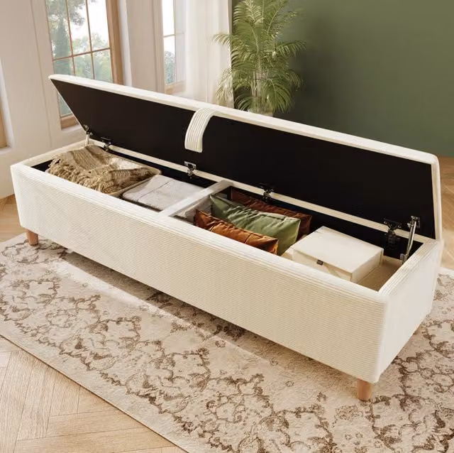 Panca contenitore MODFU in tessuto beige con struttura in legno e MDF