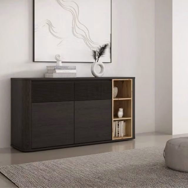 Madia Origin Core con 2 cassetti e 2 ante colore nero e nicchie a giorno con dettaglio rovere