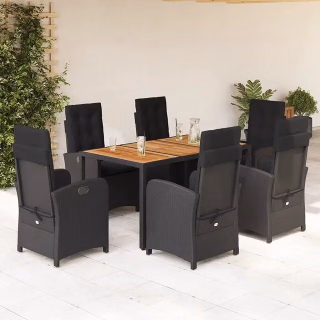 Set da Pranzo da Giardino vidaXL in Polyrattan e Legno di Acacia con Piano in Vetro, 7 Pezzi, Nero e Marrone – 1
