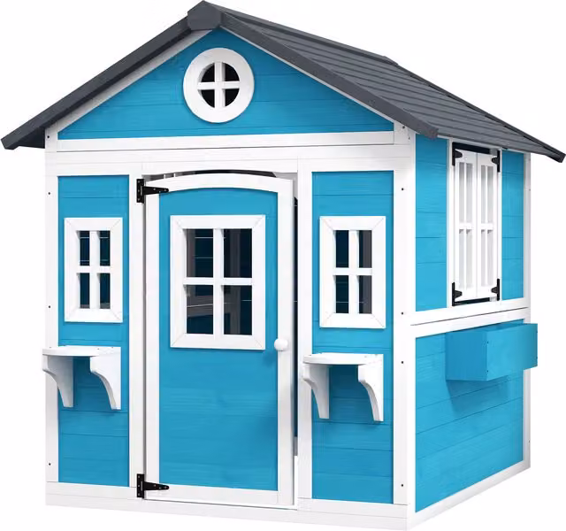 Casetta per bambini Outsunny in legno di abete con tetto inclinabile, vasi e fioriere, colore blu, L: 114 cm, P: 126.4 cm, H: 135 cm