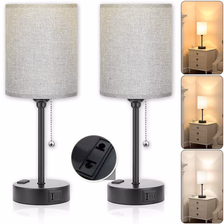 2x lampada da comodino dimmerabile a LED grigio, moderna piccola lampada da tavolo USB con cavo, E27 3 modalità lampada da comodino per comodino camera da letto soggiorno