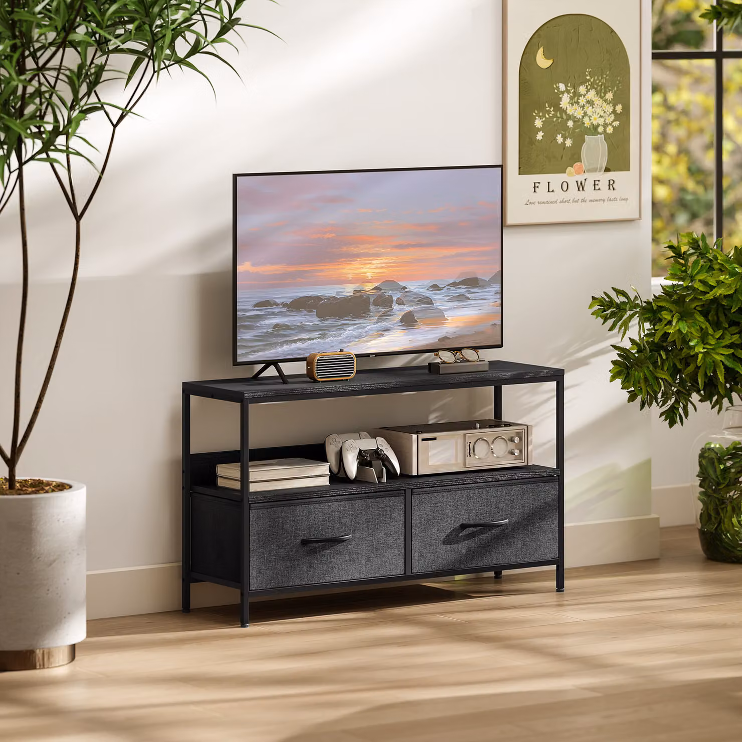 Mobile Porta TV HOMCOM Moderno con Cassetti in Tessuto e Mensola in Metallo e MDF, Nero, L: 98 cm, P: 29 cm, H: 56 cm – 2