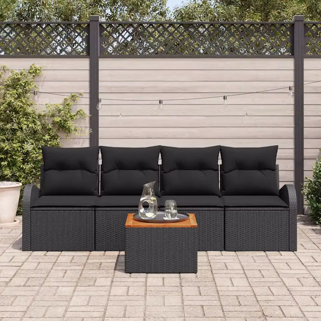 Set Divano da Giardino Moderno vidaXL 5 Pezzi Nero con Cuscini e Tavolino in Polyrattan e Acciaio – 1