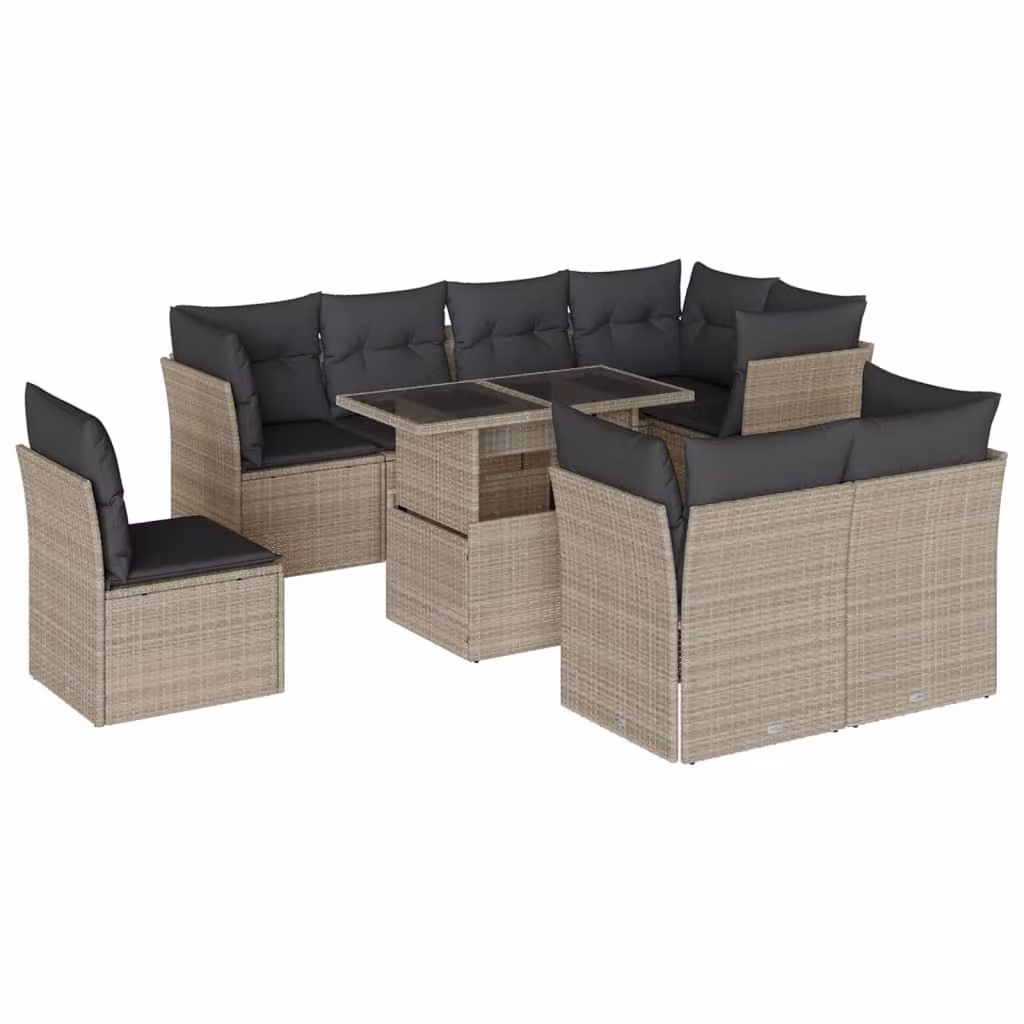 Set Divano da Giardino 9pz con Cuscini Grigio Chiaro Polyrattan