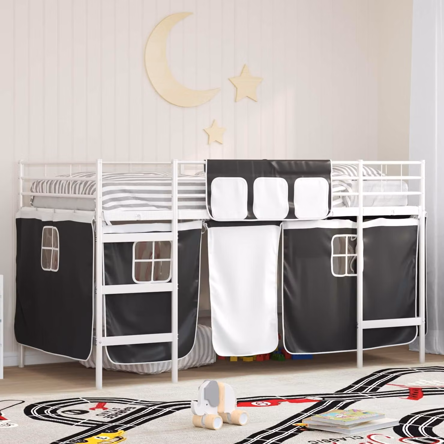 Maison Exclusive - Letto a castello per bambini con tende, colore bianco e nero
