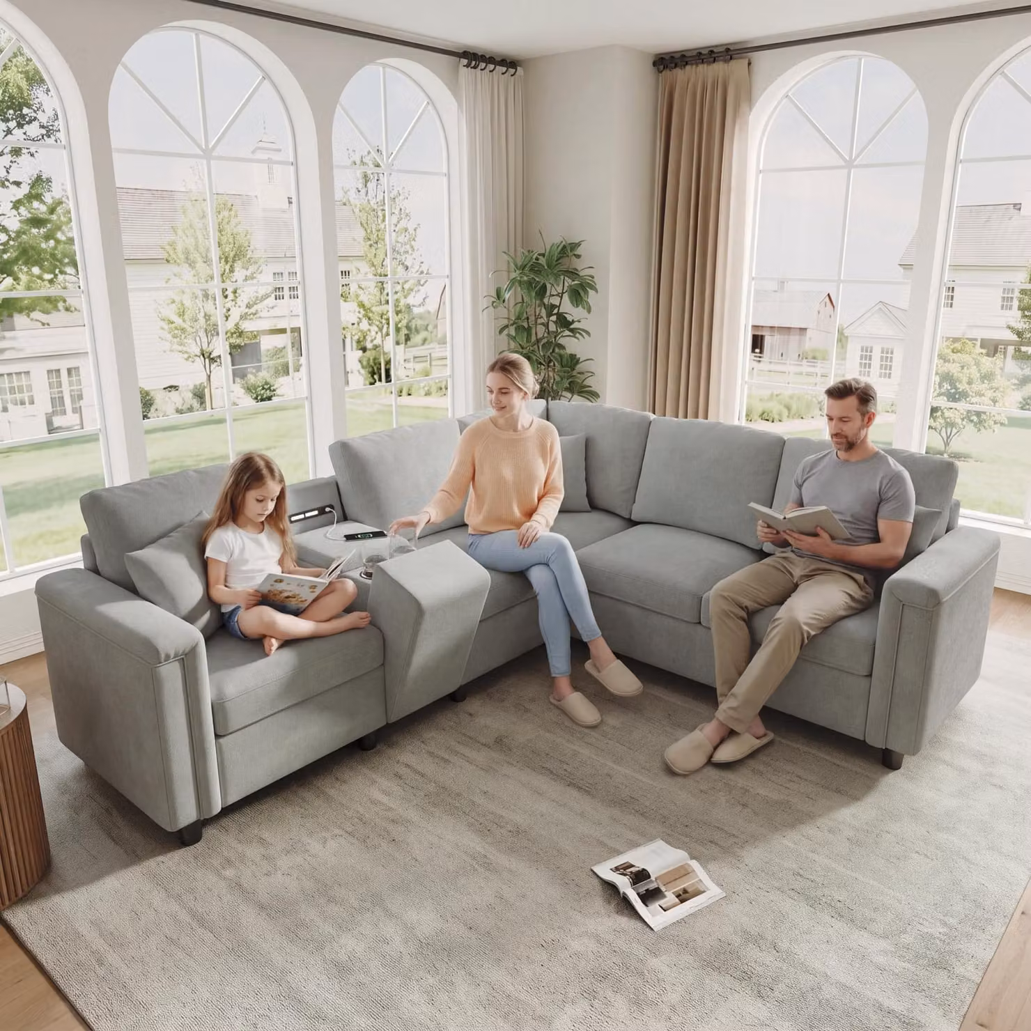 Divano angolare a forma di L, rivestito in chenille, dimensioni 235x208x83 cm, colore grigio chiaro, 5 posti, con consolle contenitore, prese USB/Type-C e luci da lettura, ideale per il soggiorno