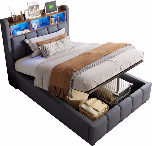 Letto contenitore singolo con materasso incluso, illuminazione LED e porte USB e Type-C, grigio, L/P: 90 x 200 cm