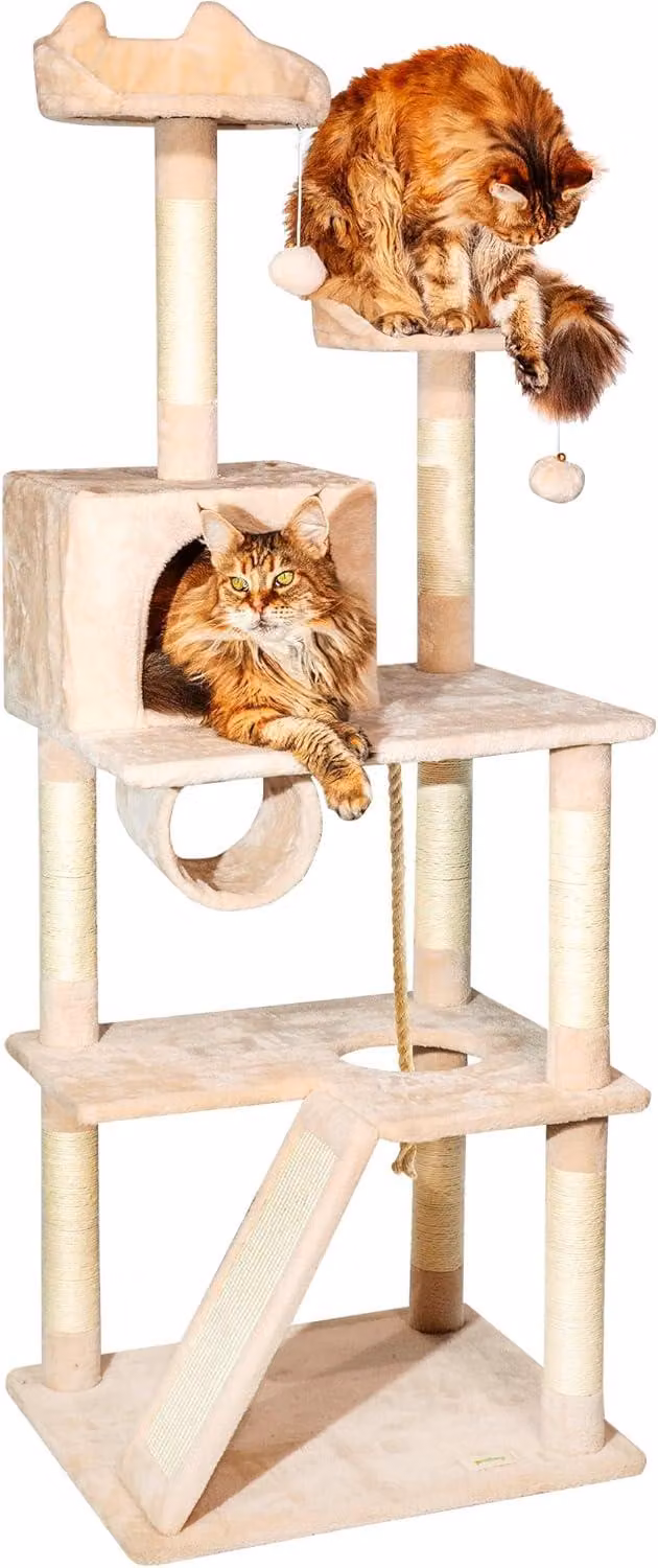 Kratzbaum XL, 150 cm, in peluche beige, con tunnel e amaca, ideale per gatti attivi