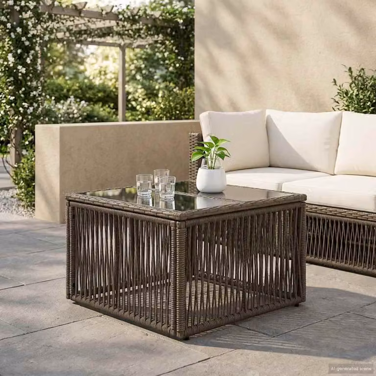 vidaXL Tavolo da giardino moderno in polyrattan e vetro, L/P/H: 55 x 55 x 37 cm, Grigio, Nero e Marrone