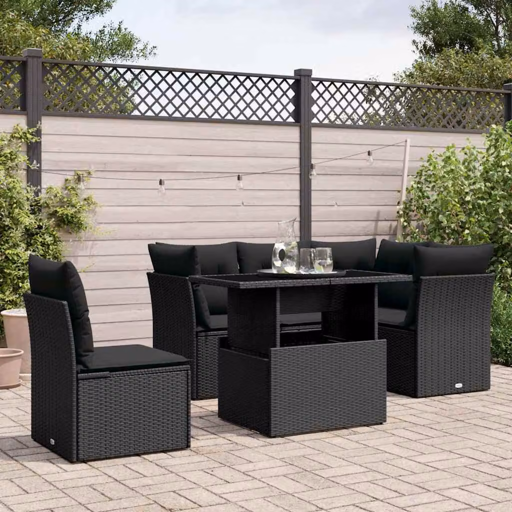 Set Divano da Giardino vidaXL 6 pz con Cuscini e Tavolino Nero in Polyrattan e Metallo – 1