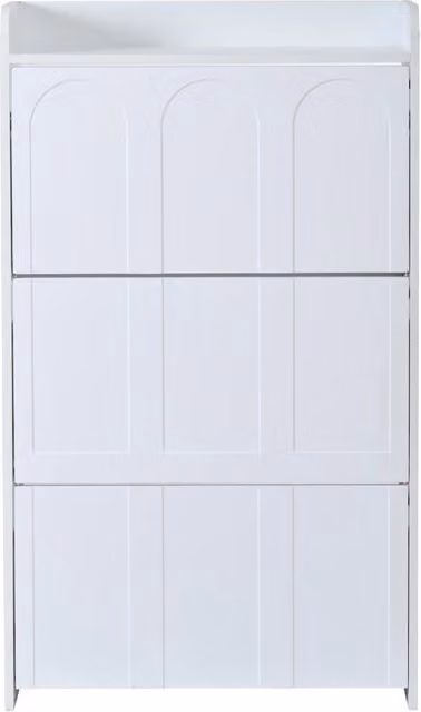 Scarpiera moderna con ante a ribalta e cassetto per ingresso in MDF bianco, L: 70 cm, P: 25 cm, H: 120 cm