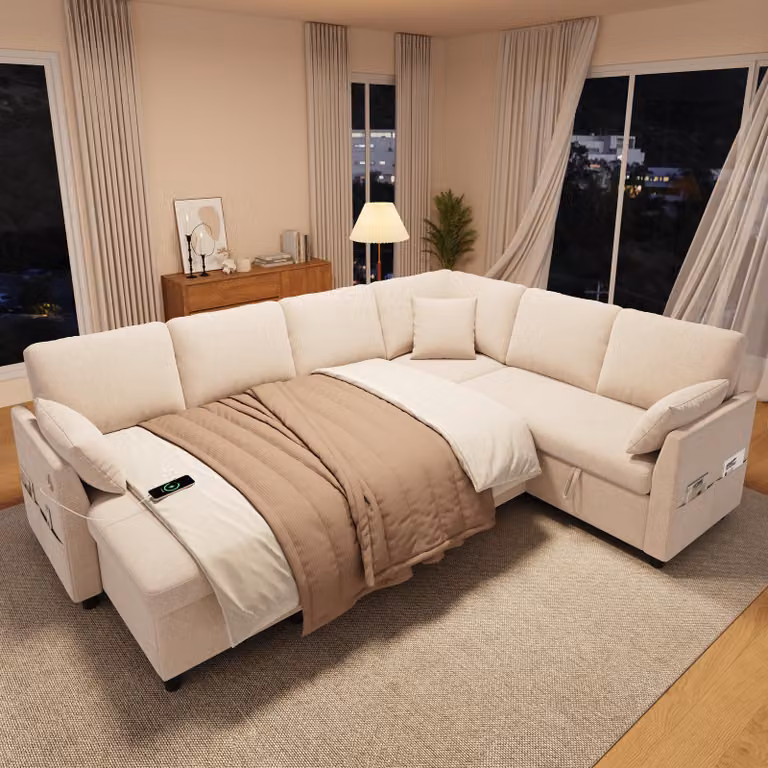 Divano angolare Merax con meccanismo letto, divano 6 posti con chaise longue, spazio contenitivo, porta USB Type-C, tasche laterali, 3 cuscini, divano letto, beige