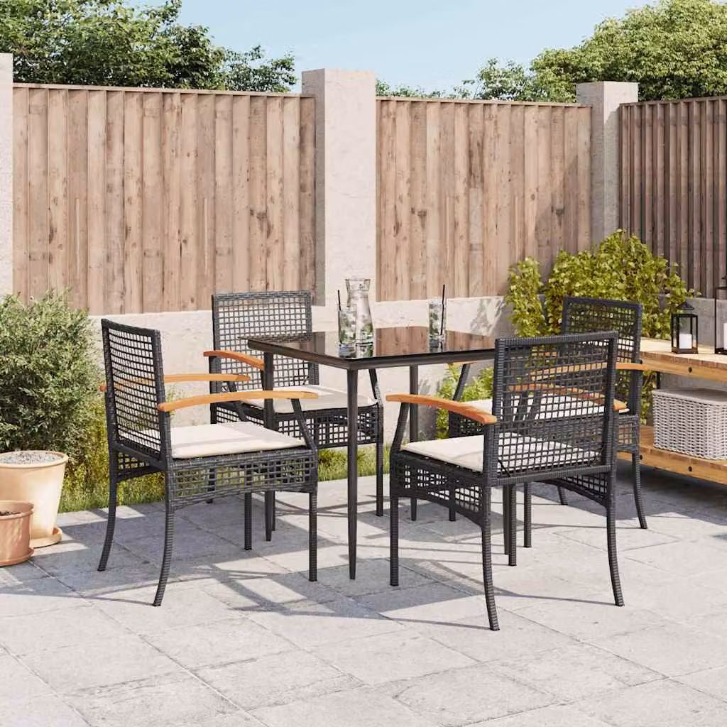 Set da pranzo da giardino vidaXL in legno di acacia oliato e polyrattan con piano in vetro, 5 pezzi, nero e bianco – 1