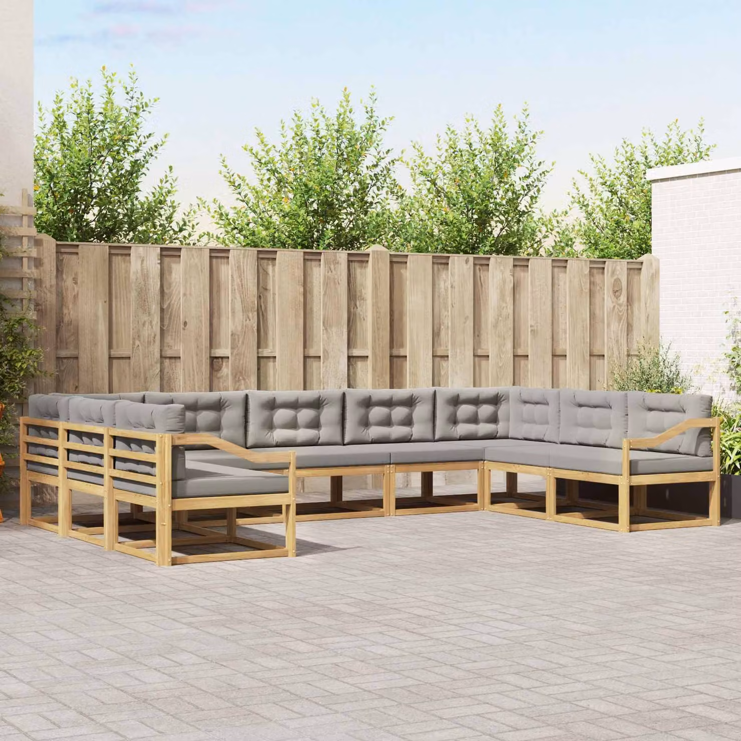vidaXL Set di divani da esterno a L in legno di acacia con cuscini, 9 pezzi, Bianco e Grigio