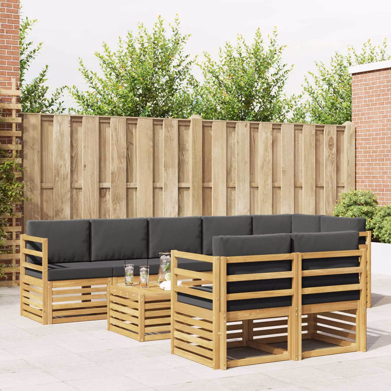 vidaXL Set di divani da esterno a L composto da 9 pezzi con tavolino, in legno di acacia e tessuto resistente ai raggi UV, colori Bianco, Antracite e Marrone