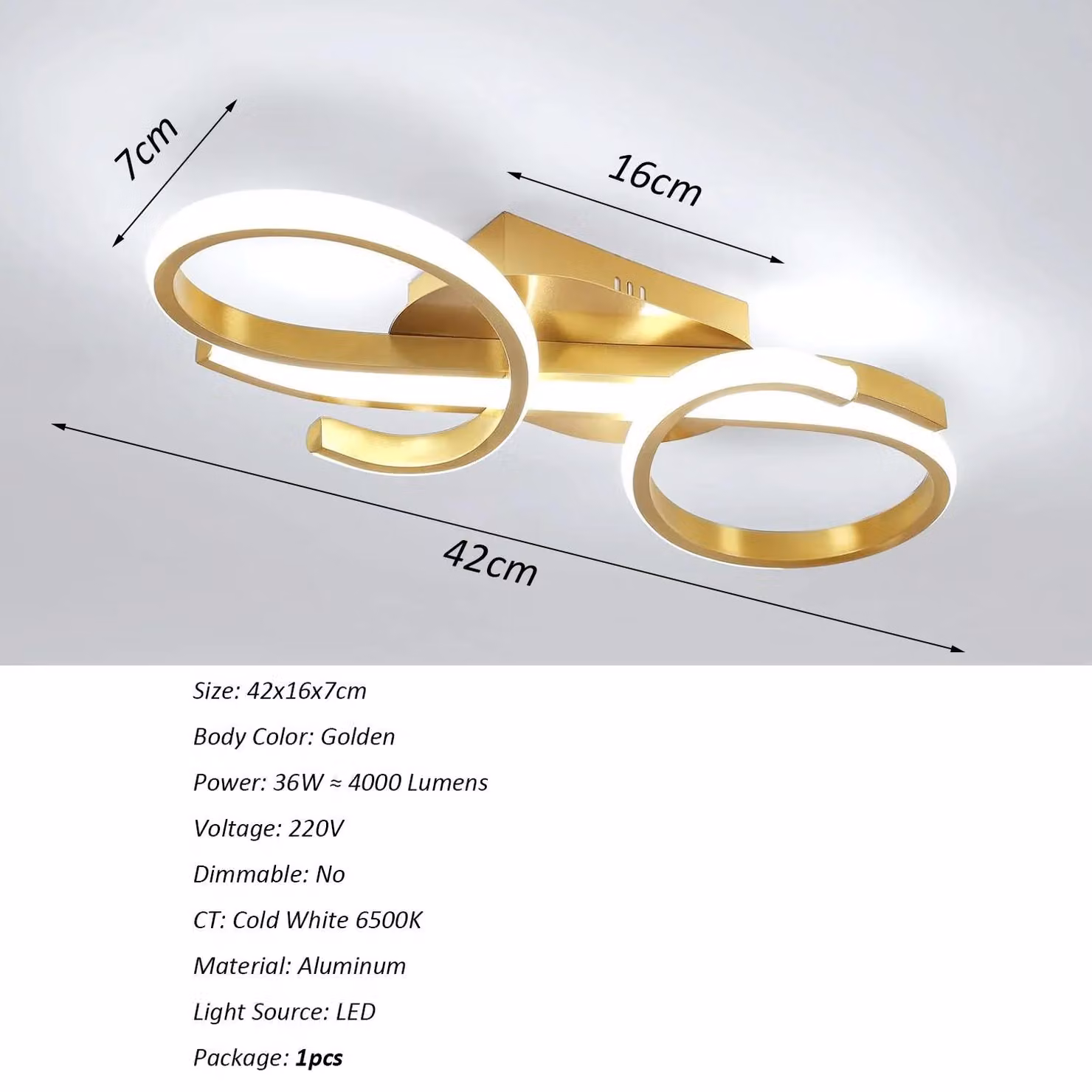 Pannello LED per soffitto - Modello A4905 - 36 W - Luce bianca fredda 6500 K - Non dimmerabile - Alluminio - Oro - Adatto per ambienti da 10 a 15 m²