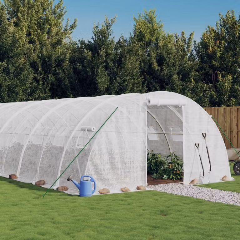 Serra vidaXL con telaio in acciaio galvanizzato bianco e copertura in policarbonato, 96 m², L: 24 m, P: 4 m, H: 2 m
