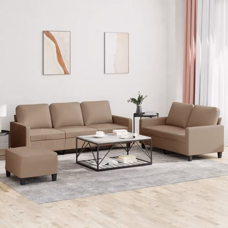 Set di divani vidaXL 3 pezzi con pouf in similpelle beige e marrone per soggiorno moderno