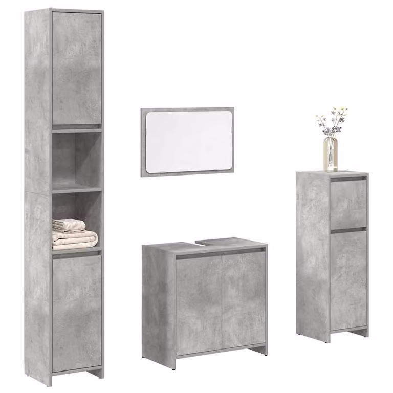 Set di mobili da bagno vidaXL 4 pezzi in legno e vetro grigio moderno composto da base lavabo, pensile con specchio, armadietto a muro e colonna alta