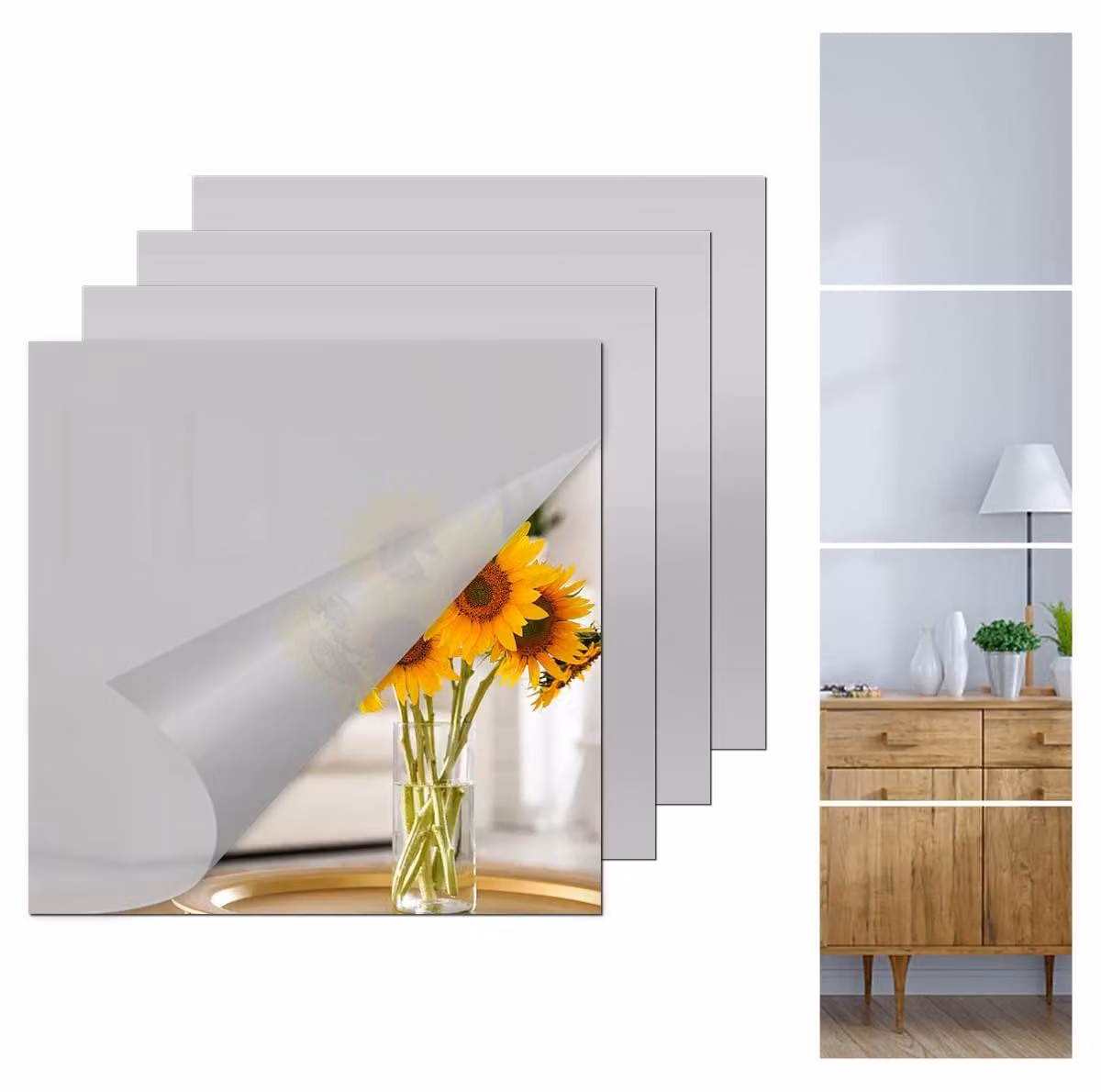 Elzusha - Piastrelle specchio adesive - 4 pezzi - 20 x 20 cm - Acrilico - Specchi da parete - Avvertenza di sicurezza: rischio di tagli