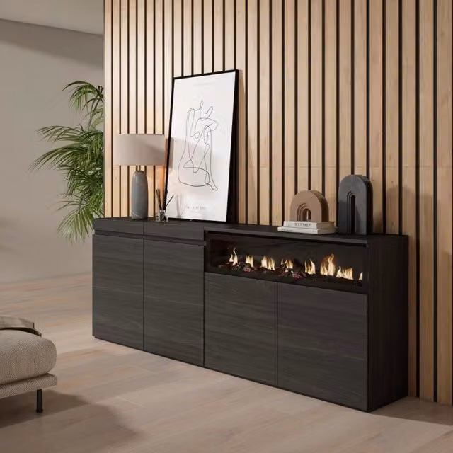 Credenza, Mobile, 200x35x75cm, 4 Porte, Camino elettrico, Nero RF2389