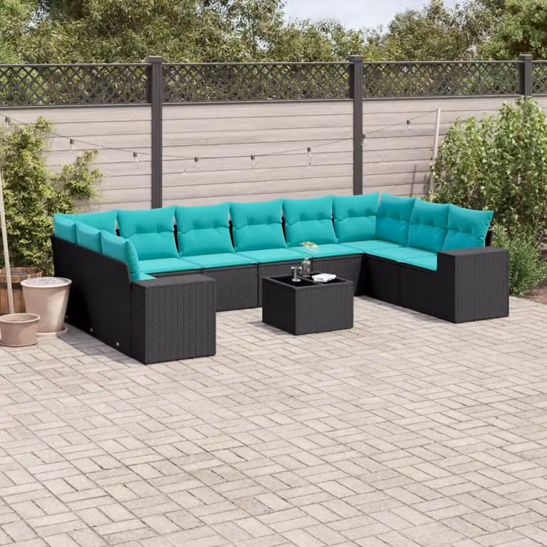 Set Divani da Giardino vidaXL 11 pz a Forma a U in Polyrattan Nero con Cuscini e Tavolino da Caffè