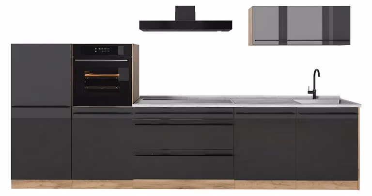 Cucina componibile Vicco R-Line Antracite lucido/Rovere dorato 340 cm piano di lavoro Marmo, Model 66527