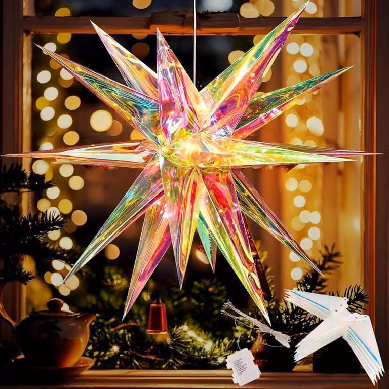 Stella di Natale illuminata, 60 cm, 18 punte, stella 3D, decorazione luminosa per interni ed esterni, ideale per finestre, giardini e ambienti interni