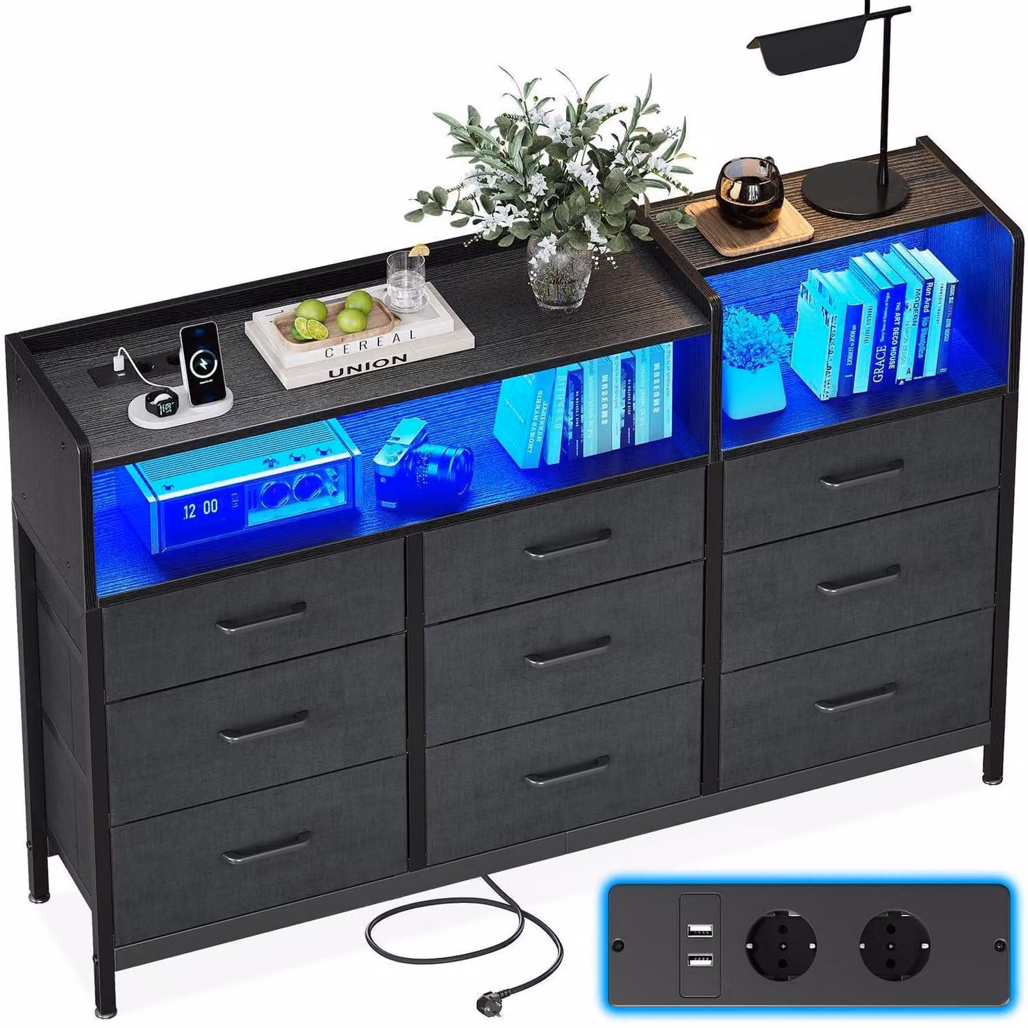 Comodino con 9 cassetti rivestiti in tessuto, 2 prese di corrente, 2 porte USB, striscia LED a 10 colori, dimensioni 130x30x97 cm, colore nero