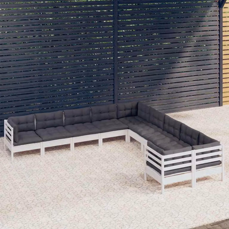 Set di divani da giardino vidaXL a forma di L in legno di pino con cuscini bianchi, grigi o antracite