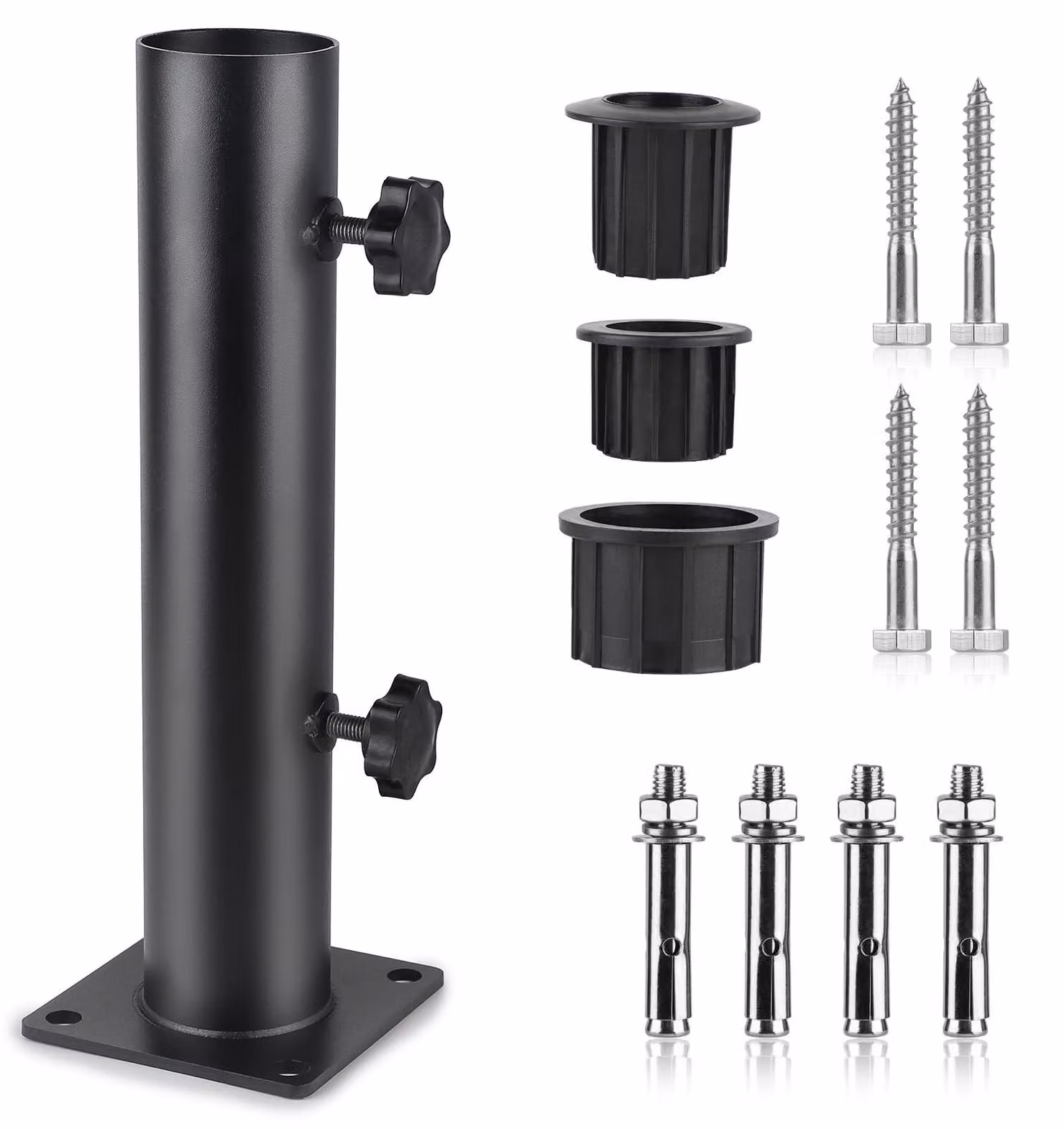 Supporto regolabile per ombrellone - Base per ombrellone - Copertura per pavimento - 3 anelli adattatori in PVC (32/38/48 mm) - Ancoraggio con 8 picchetti in acciaio - Colore nero - Supporto per ombrellone