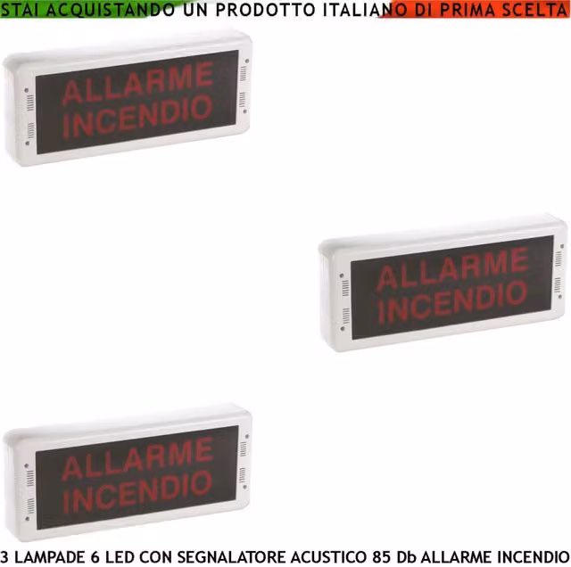 Set di 3 Segnalatori di Via di Fuga Securvera con Luce LED e Sirena da 85 dB, Scritta Allarme Incendio, Pannello da Muro in Plastica Rosso e Bianco, Certificati EN 54-3 e EN-54-23