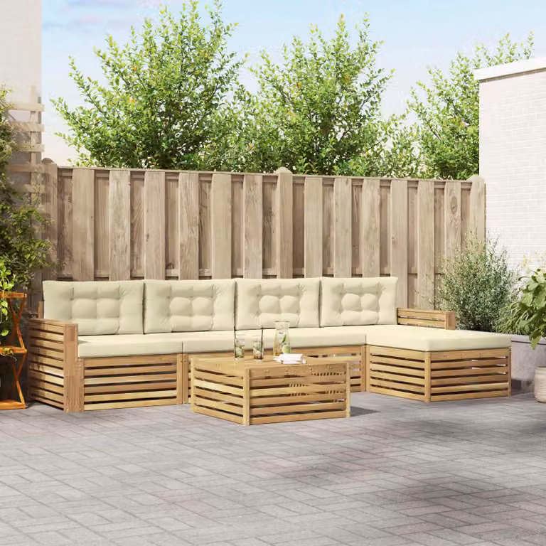 Set di divani da esterno vidaXL a forma di L con tavolino e pouf, in legno di acacia e tessuto bianco, beige e marrone