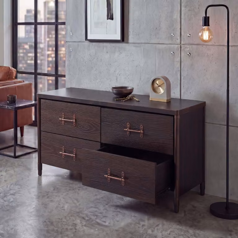 Comodino HWC-Q66, credenza, cassetti in stile industriale 60x120x40 cm ~ legno nero, metallo color rame