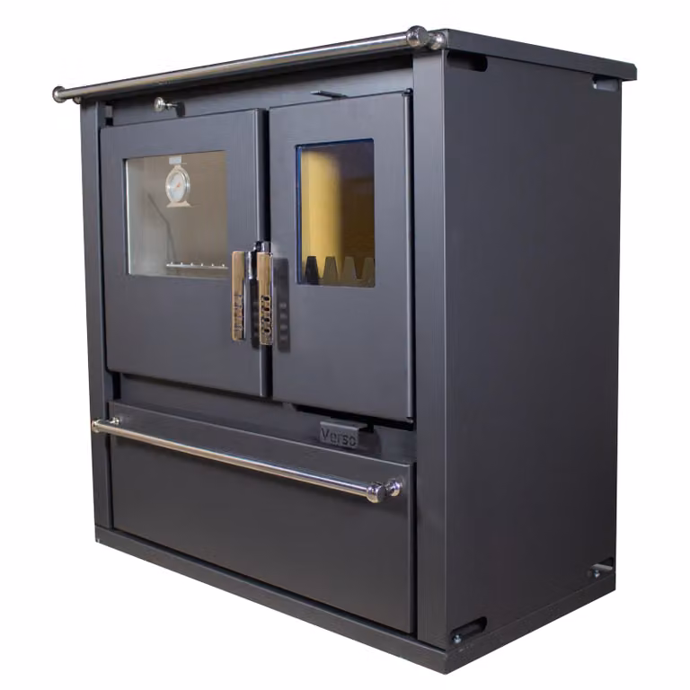 Cucina a legna Verso CS Plus Inox – 7,7 kW, con forno, piano cottura e vano legna a sinistra – Classe A+