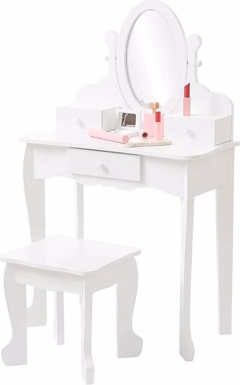 Tavolo da trucco per bambini - Set da toeletta con sedia - Specchio regolabile - Cassetto - Bianco