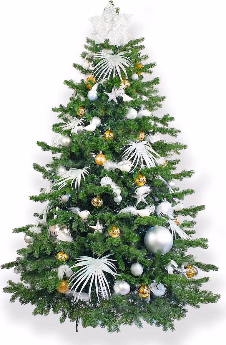 Albero di Natale artificiale decorato con 222 ornamenti ORO POLARE II 360 cm con supporto e ornamenti natalizi