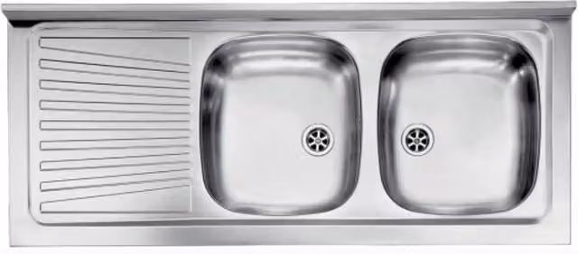 Lavello da appoggio Mondial in acciaio inox color argento con 2 vasche e gocciolatoio sinistro L: 120 cm, P: 50 cm