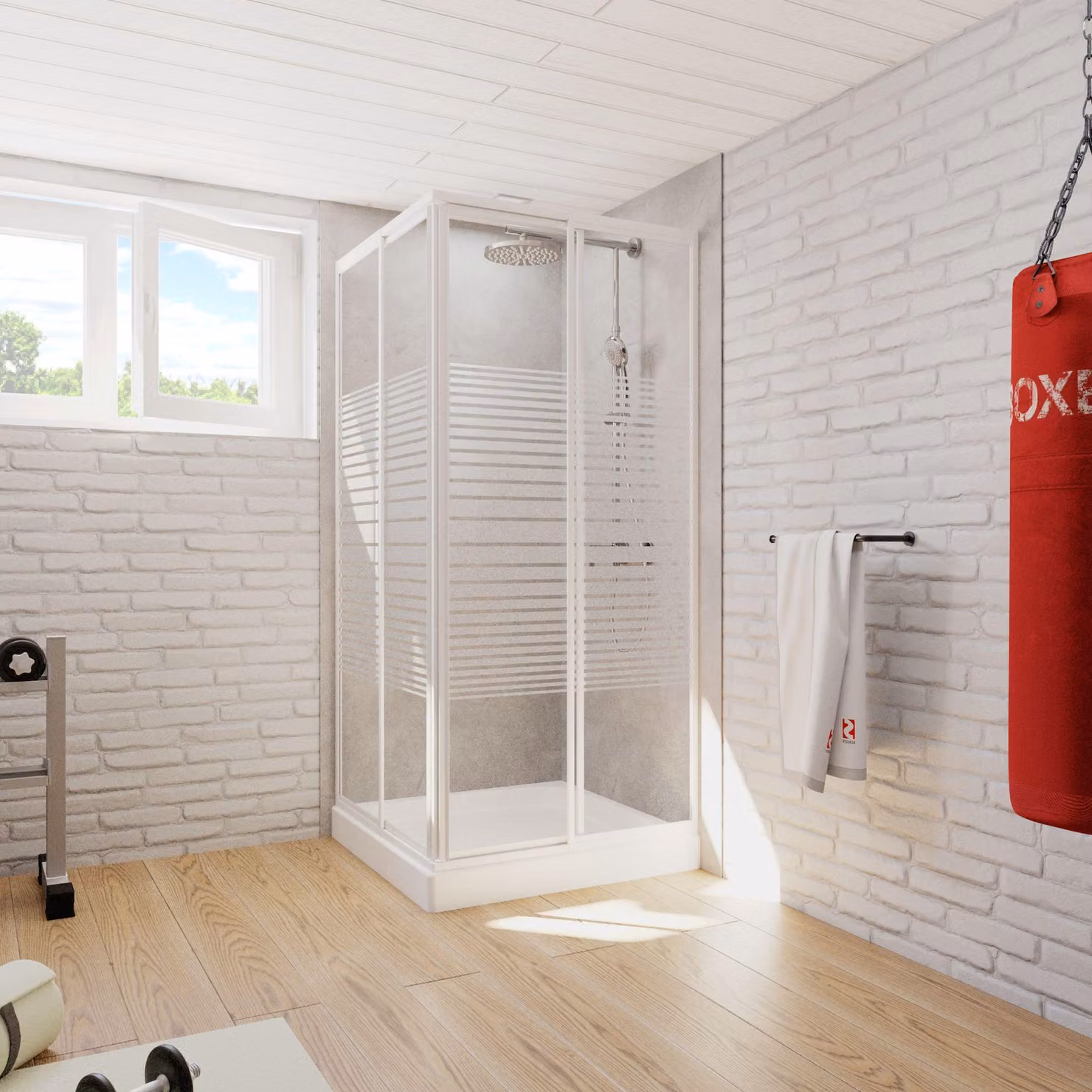 Cabina doccia Schulte Sunny ingresso angolare variabile con porte scorrevoli, vetro di sicurezza ESG da 3 mm a righe orizzontali, dimensioni: variabili da 75 a 90 cm, colore profilo: bianco alpino