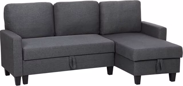 Divano Letto 3 Posti con Chaise e Spazio Contenitore, in Tessuto Effetto Lino, 197x129x85 cm, Grigio Carbone