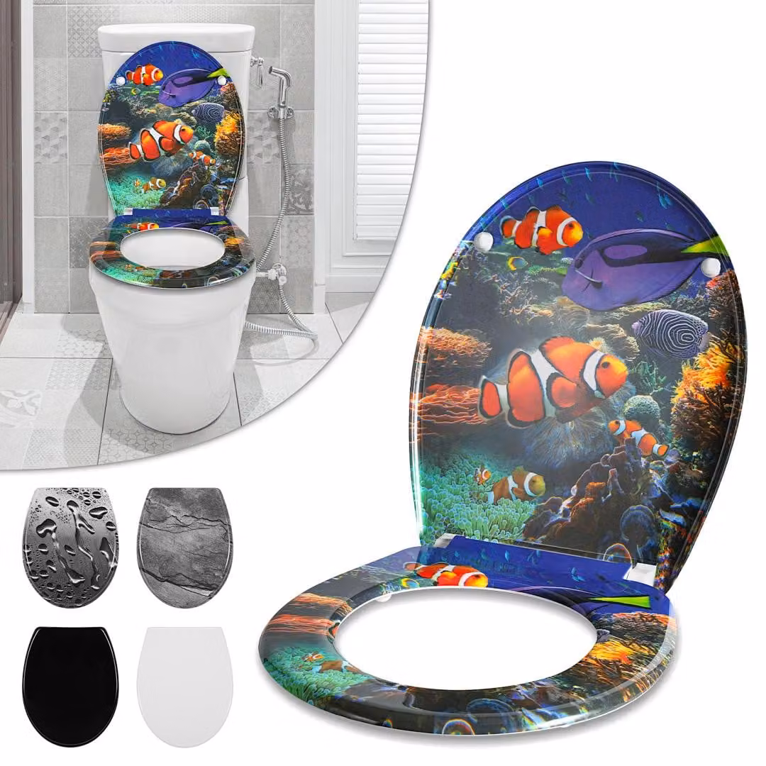 Copertura per WC Ikodm Duroplast con sistema di chiusura rallentata, motivo "Mondo Marino" ovale
