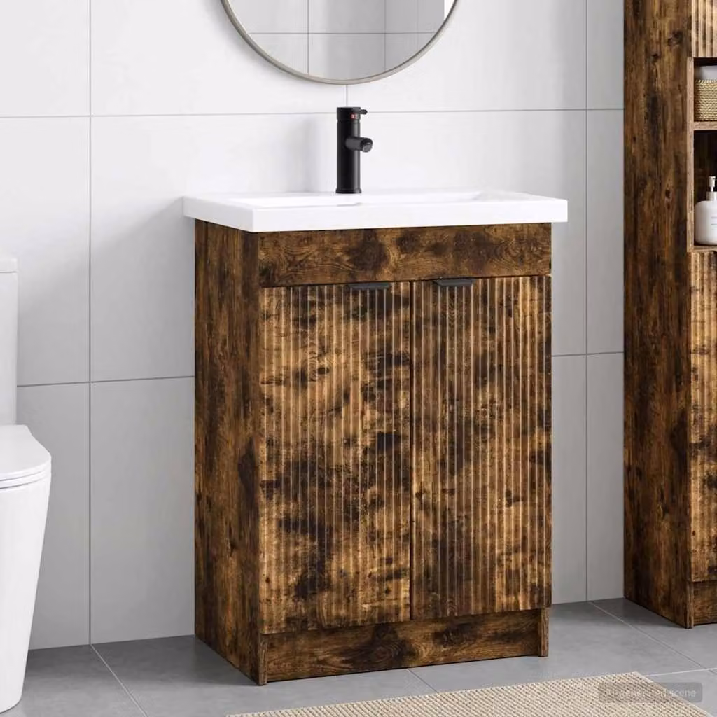Set di mobili per il bagno moderno vidaXL in legno e metallo, colore marrone e nero, L: 78,5 cm, P: 37,5 cm, H: 81 cm