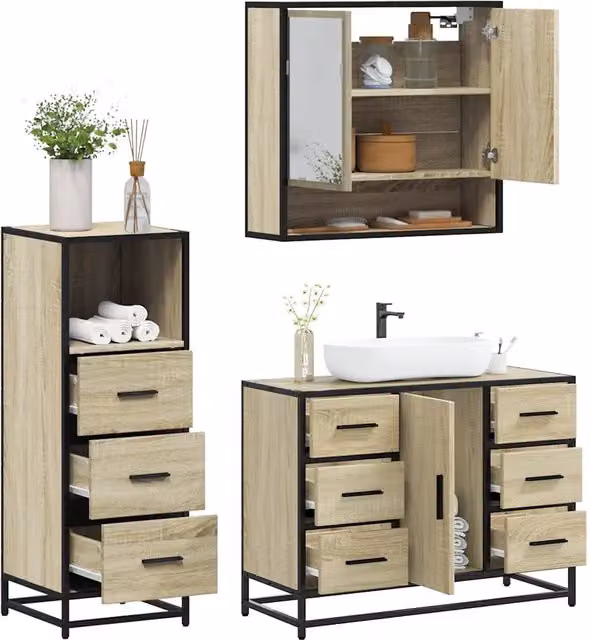 Set Mobili da Bagno 3 pz Rovere Sonoma in Legno Multistrato 3301051
