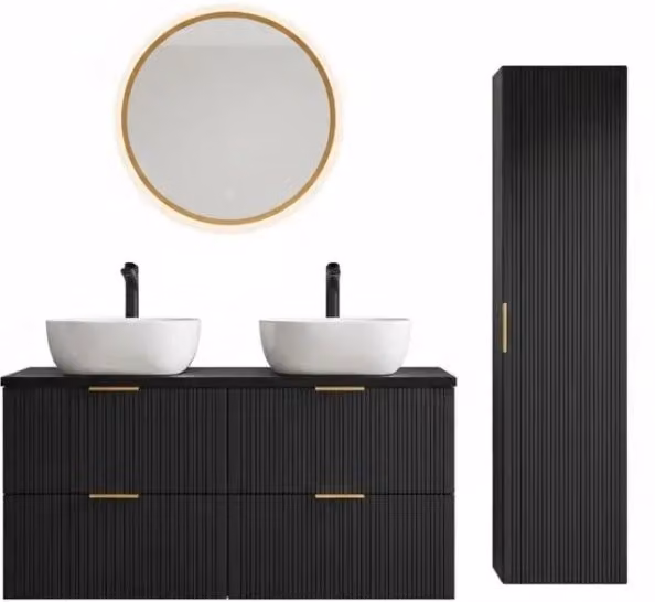 Set mobile bagno NOXERA nero opaco con doppio lavabo, specchio con illuminazione LED e colonna sospesa L: 120 cm