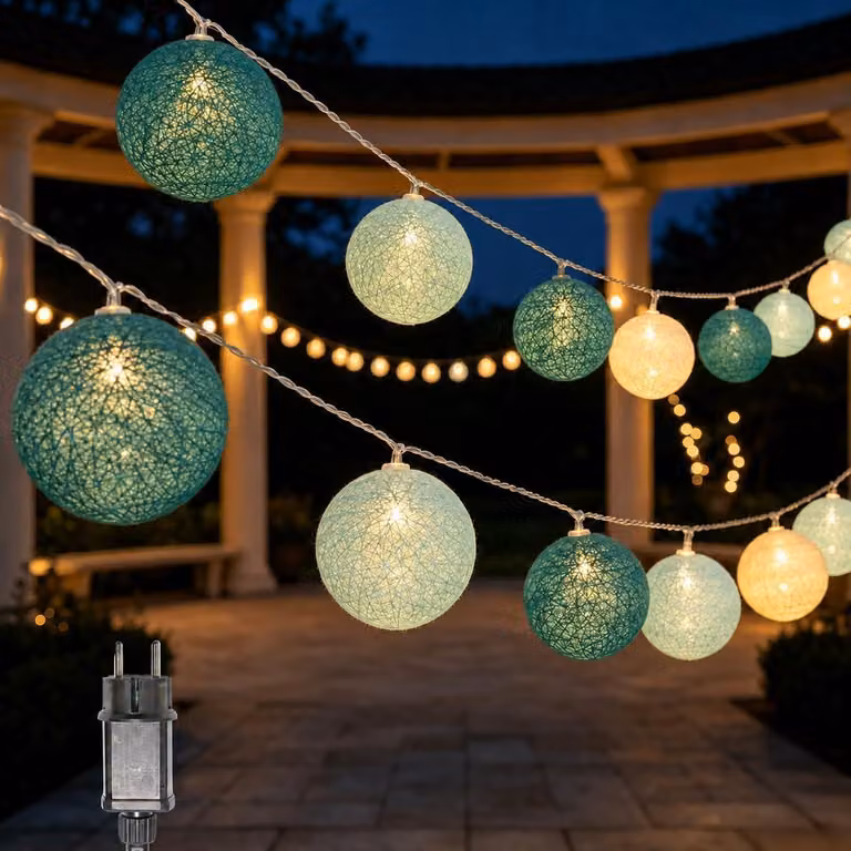 Catena luminosa con 20 luci a LED a forma di sfera, realizzata in tessuto, lunghezza 3,8 metri, colore verde, alimentazione USB