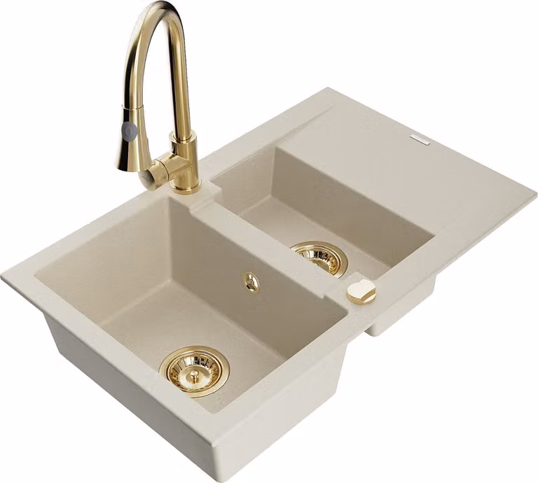 Mexen Gaspar lavello da cucina in granito 1,5 vasche con scolapiatti e rubinetto cucina Elia, beige - 6507-69-670101-50