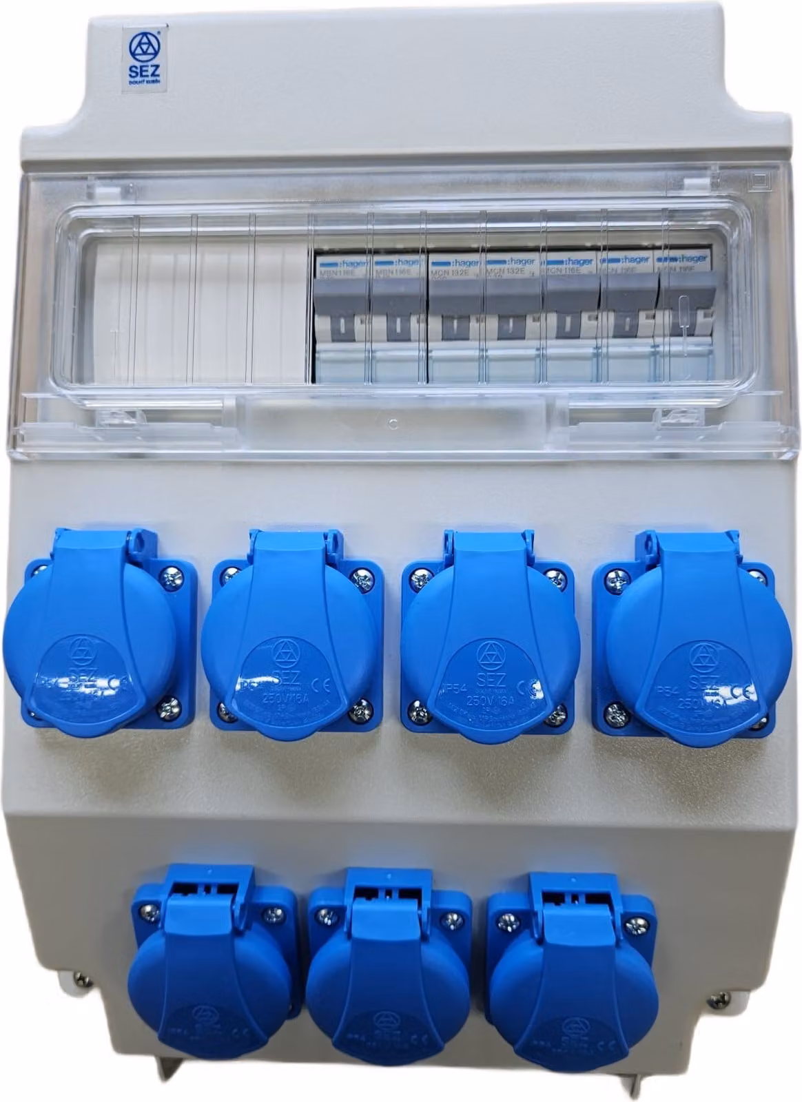 Quadro elettrico da parete, 7 prese Schuko da 230 V con fusibili HAGER LS / trifase ROS11/x-25/S 95H-3