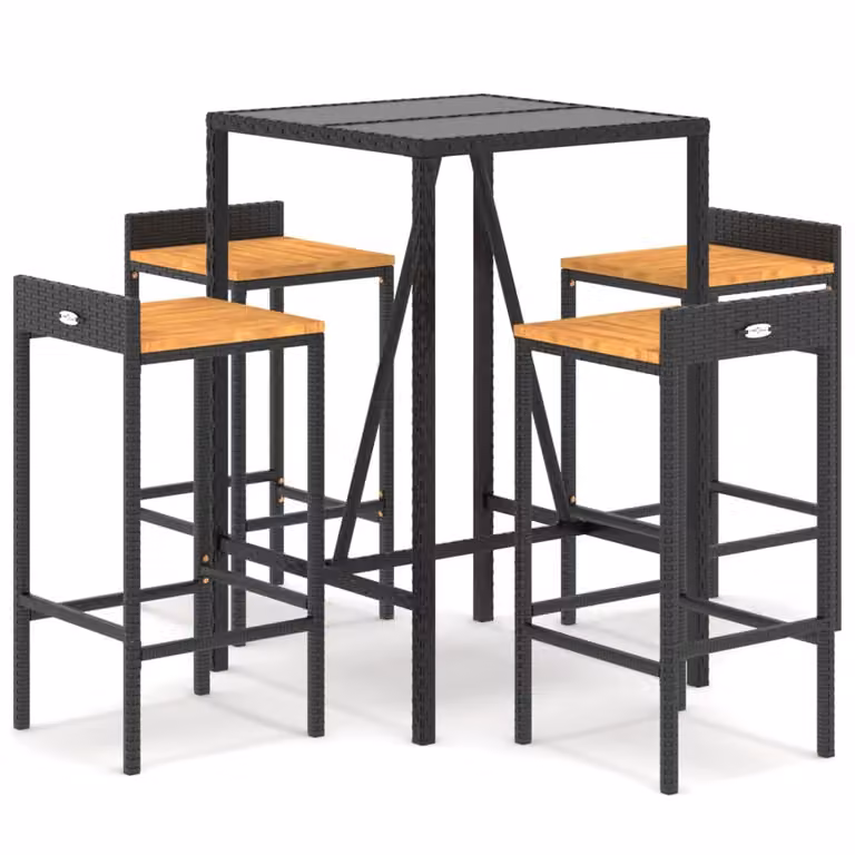 set bar da giardino 5 pezzi in poly rattan nero e legno massiccio di acacia